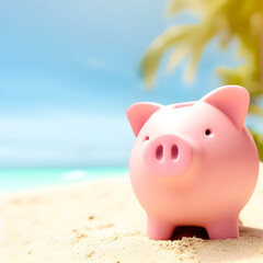 Hucha de un cerdo rosa en la playa de vacaciones. Ahorrar para gastar en vacaciones en la playa. Ilustraci&oacute;n creada con herramientas generativas de IA.
