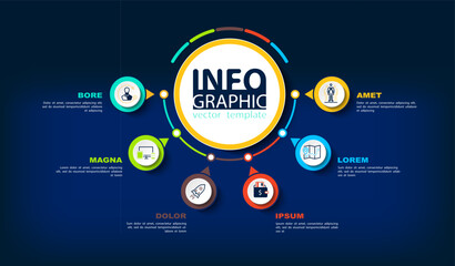 Infographics design and marketing icons, vector, circles. Сan be used to create workflows, diagram of annual reports, web design of presentations.Business concept with 6 options, process steps, colour