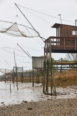 Carrelet traditional net fishing in Garonne river. Aquitaine. France