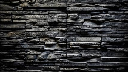 Pattern black color of modern style design decorative uneven cracked real stone wall surface. Generative Ai