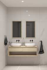 Fototapeta na wymiar 3D render of modern bathroom design with two sinks and white tiles.