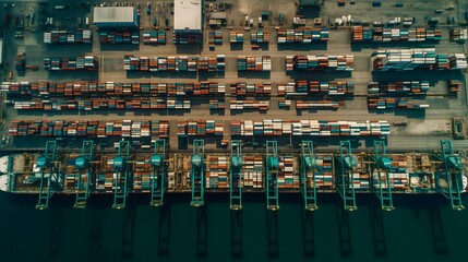 Aerial view shot of an industrial port with piles of containers and container ships docked, logistics and transportation background, created using Generative AI technology