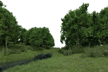 Realistic grass plain with river and trees. 3d rendering of isolated objects.