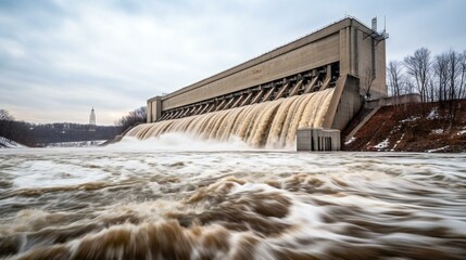 Waterfall dam, water power plant, created using Generative AI technology