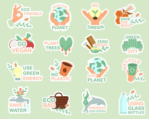 Collection of ecology, vegan stickers. Slogans no more plastic, save planet, use your bag. Reuse Recycle. Vector illustration EPS10