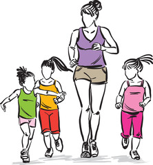 mother mom and kids daughters three mothers day running jogging walking together vector illustration