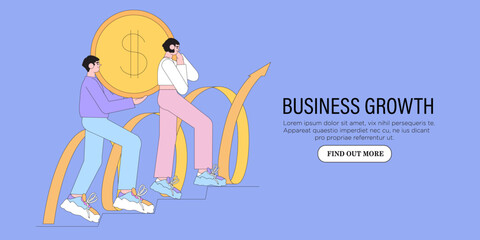 Business team walking success ladder or steps banner, web page. High potential and company developement, growth. Concept of business success, leadership, innovation. Characters follow growing arrow.
