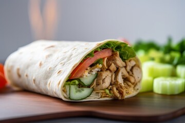 shawarma wrap with shaved chicken and fresh veggies on a white plate