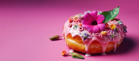 Delicious donut with cream decorated with spring flowers on a bright background. Horizontal Generative AI illustration with space for your text.