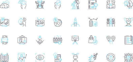 Analysis and graphs linear icons set. Metrics, Trends, Patterns, Visualization, Data, Correlation, Interpretation line vector and concept signs. Analytics,Insights,Charts outline illustrations