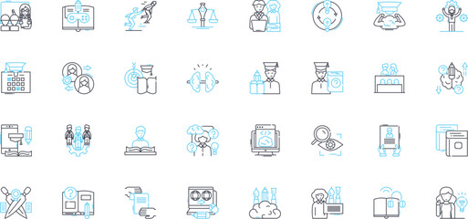 Smart education linear icons set. Gamification, Innovation, Personalized, Integration, Mobility, Accessibility, Digitalization line vector and concept signs. Engagement,Adaptive ,Analytics outline