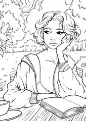 Vector illustration, beautiful girl reading a book sitting in the garden, coloring book .