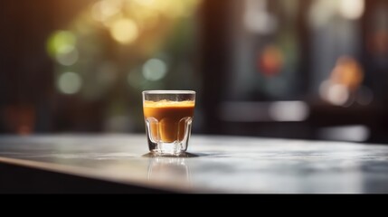 Glass with hot coffee on table of a bar