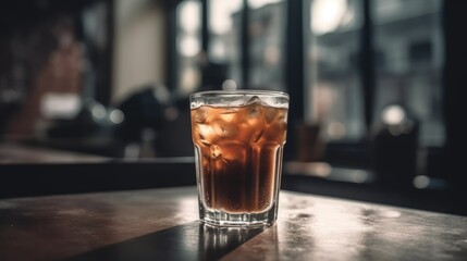 Glass with cold coffee on table of a bar