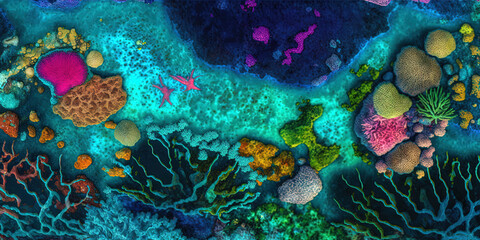 Plakat Underwater coral reef, ocean dive, snorkeling, ocean, diving, aerial view. Generative AI.