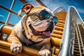Plakat Generative AI of funny bulldog enjoying a ride on a rollercoaster. 