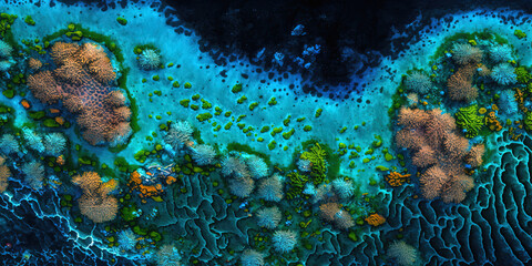 Fototapeta na wymiar Underwater coral reef, ocean dive, snorkeling, ocean, diving, aerial view. Generative AI.