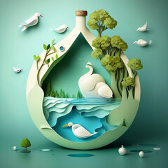 Paper art , Ecology and world water day , Saving water and world Environment day, environmental protection and save earth water