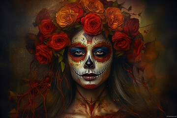 Generative Ai of a woman representing Calavera Catrina with red flowers and skull painting. Day of the Dead concept.