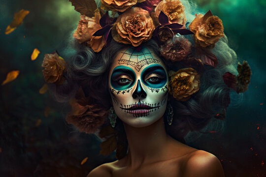 Generative Ai of a woman representing Calavera Catrina with red flowers and skull painting. Day of the Dead concept.