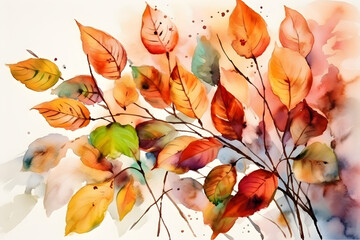 Fototapeta na wymiar Autumn tree branch with colorful leaves. watercolor illustration. Generative ai.