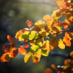 Naklejka na ściany i meble Autumn tree branch with colorful leaves. Generative ai.