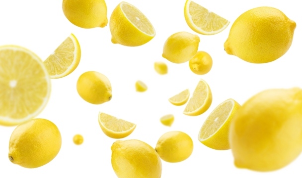Flying delicious lemon fruits, cut out