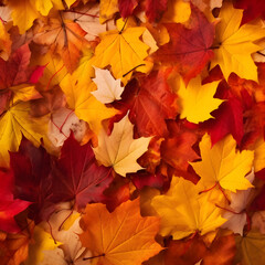 Naklejka na ściany i meble Autumn background with falling maple leaves. Generative ai.