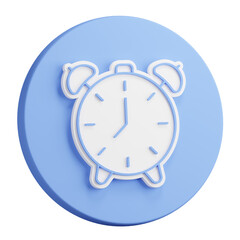 3D rendering of alarm clock circle plastic icon. Mechanical watch for measuring time. Realistic blue white PNG illustration isolated on transparent background
