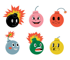 Bomb character. Doodle explosive round weapon mascot with funny retro cartoon faces and expressions