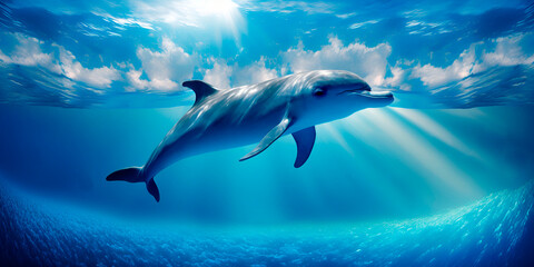 Blue dolphin underwater sunny sea. Wildlife close up marine seascape. Deep blue ocean water light rays. Nature diving aquatic animal photo. Generative AI