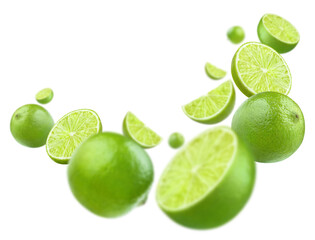 Fototapeta na wymiar Flying delicious lime fruits, cut out