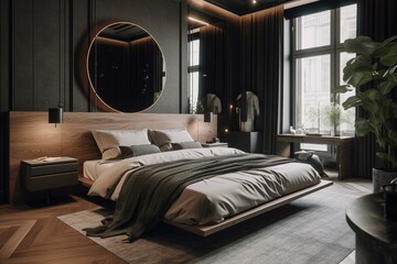 A stunning modern bedroom with a spacious bed and high-end decor. Generative AI