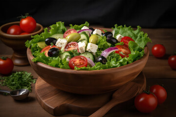 Greek salad bowl placed on a wooden countertop, angle view.