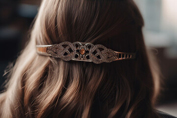 Beautiful metal barrette with gems on a wavy brown hair close up on a bokeh background