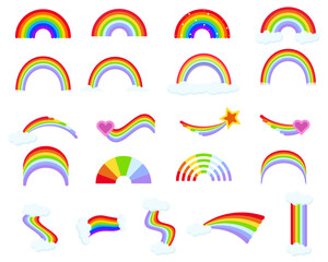 Cartoon rainbow. Colourful rainbows, heart and cloud with rainbow colors tail. Childish flat vector illustrations collection.