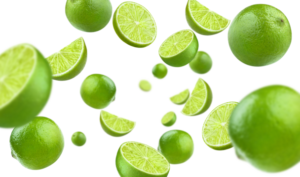 Flying delicious lime fruits, cut out