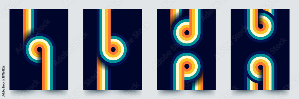 Poster retro line decoration curve elements vector design template with creative concept set