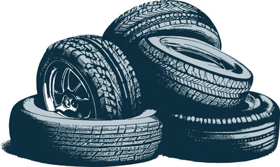 car tires lie one on top of the other in a pile vector drawing