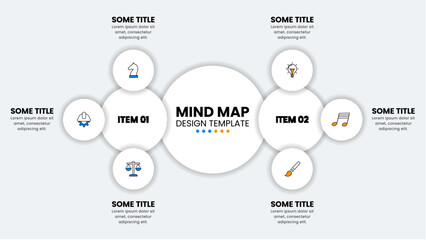 Infographic template. Mind map with 2 steps and 6 icons
