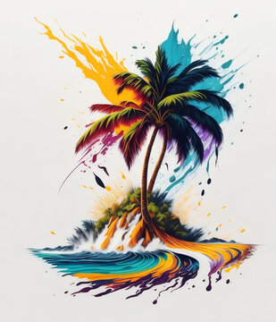 Abstract Colorful Palm Tree and Water Splashes with Island on White Background, Vibrant Color Illustration, Ai Generated