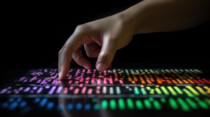 Fototapeta premium Big data technology and data science with person touching data flowing on virtual screen. Business analytics, artificial intelligence, machine learning. Engineer or scientist analyzing stream of data.