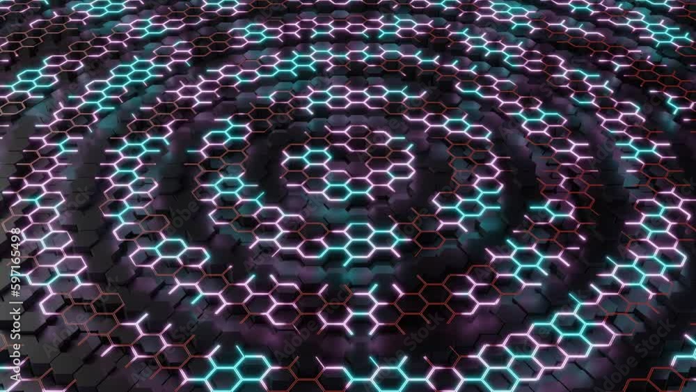 Poster fantastic background, loop 3d animation. many hexagons move vertically. wave concentric circular mov
