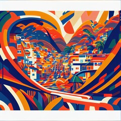 Rio de Janeiro landscape illustration. Slum, beach, mountains, nature. Generative AI