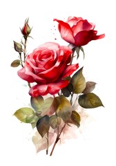 Watercolor bouquet of red roses on white background. Generative AI.