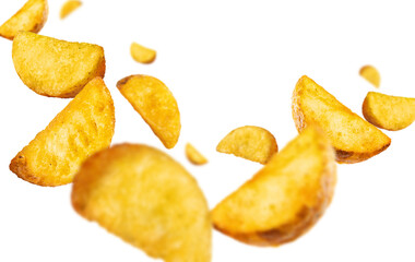 Flying fried potato wedges, cut out