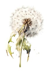 Watercolor illustration of a fluffy white dandelion. Generative AI.