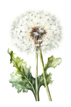 Watercolor illustration of a fluffy white dandelion. Generative AI.