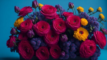 Fototapeta na wymiar A vibrant bouquet of freshly bloomed flowers in a box, set against a bright blue sky.. Generative Ai
