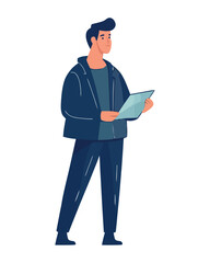 Successful businessman standing holding digital tablet